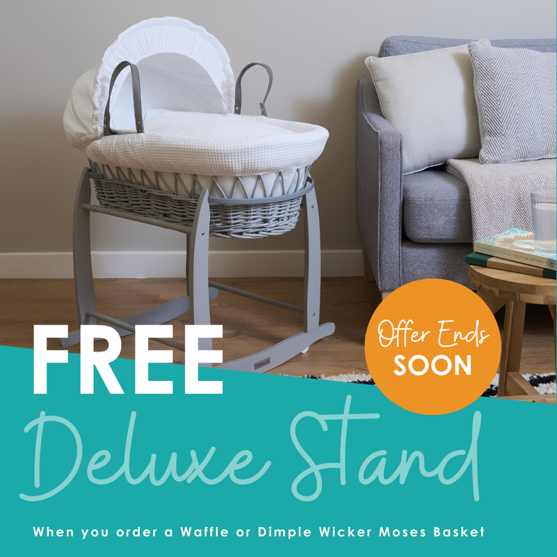 Free deluxe stand when you order a waffle wicker Moses basket | Moses baby baskets, bassinets | Nursery Furniture - Clair de Lune UK