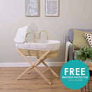 White Waffle Palm Moses Basket and Natural Pine Folding Stand in a Greige Living Room with FREE mattress protector for a limited time only | Moses Baby Baskets, Bassinets | Nursery Furniture - Clair de Lune UK