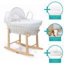 Waffle White Wicker Moses Basket With Stand & Bedding Bundle showing each item included | Moses Baby Baskets & Bassinets | Nursery Furniture - Clair de Lune UK