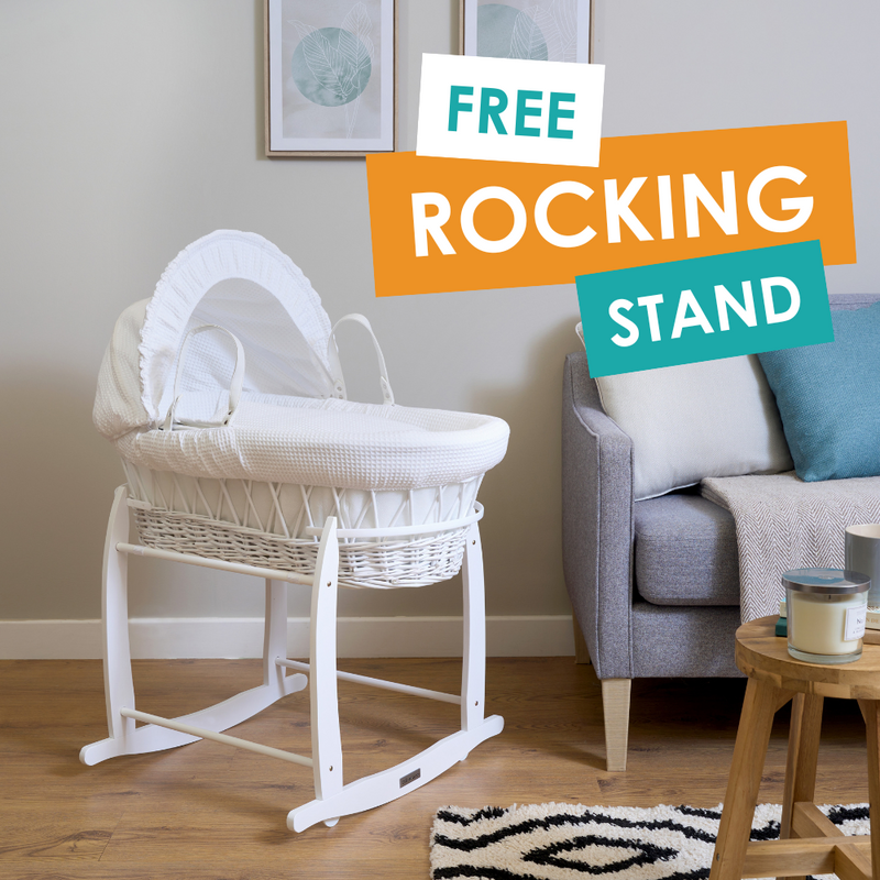 White Waffle White Wicker Moses Basket on Free White Rocking Stand in Greige Living room | Moses Baby baskets, bassinets & Co-sleepers | Nursery Furniture - Clair de Lune UK