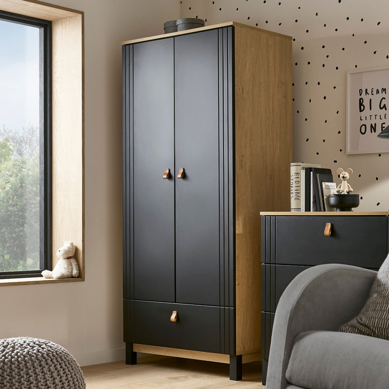 Black and Natural CuddleCo Rafi Freestanding Double Wardrobe with Drawer in a cream monochrome nursery | Wardrobes & Shelves | Storage Solutions | Nursery Furniture - Clair de Lune UK