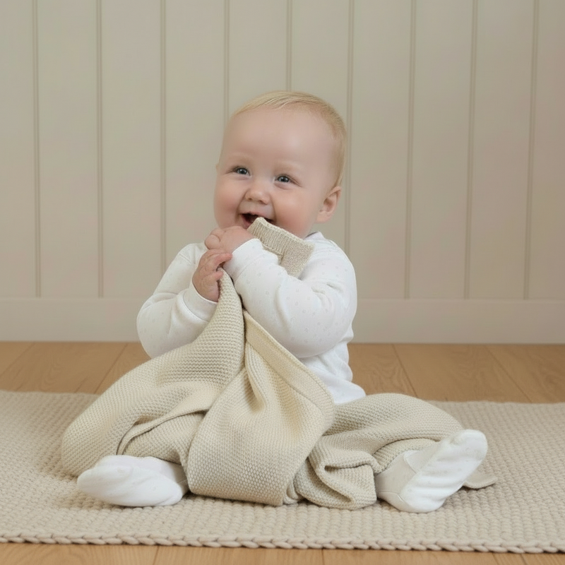Baby smiling and holding the Cream Organic Knitted Blanket | Baby Blankets and Swaddles - Clair de Lune UK