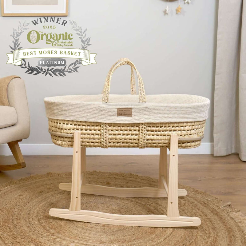 Organic Knitted Palm Moses Basket With Stand and Bedding Bundle