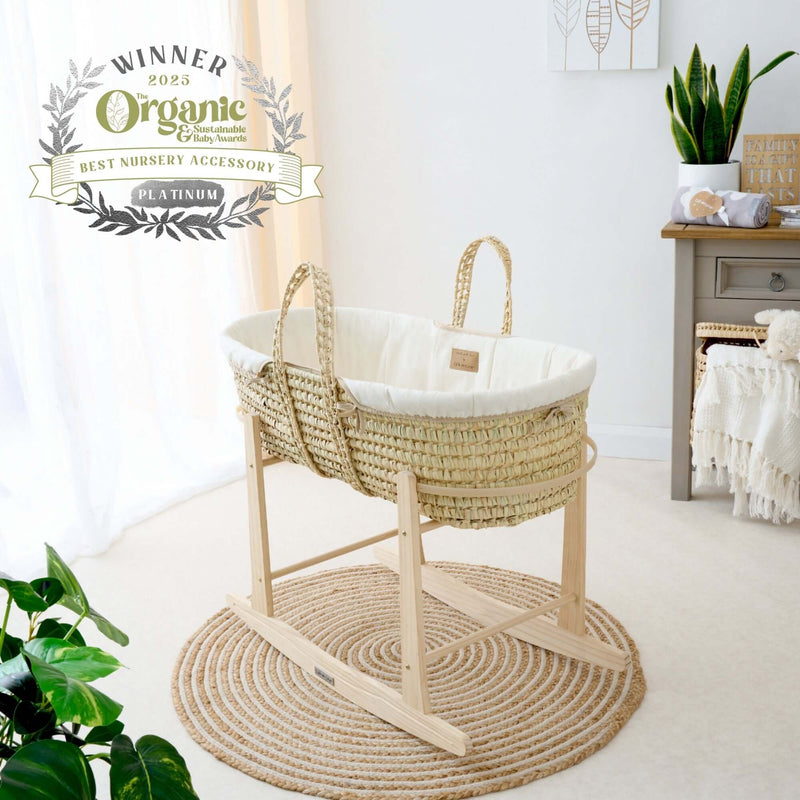 Organic Palm Moses Basket With Stand and Bedding Bundle Moses