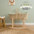 Sage Organic Palm Moses Basket with the Natural Rocking  Stand in the nursery with 2025 Platinum Award for best organic nursery accessory | Moses Baby Baskets, Bassinets | Organic Baby Essentials | Nursery Furniture - Clair de Lune UK