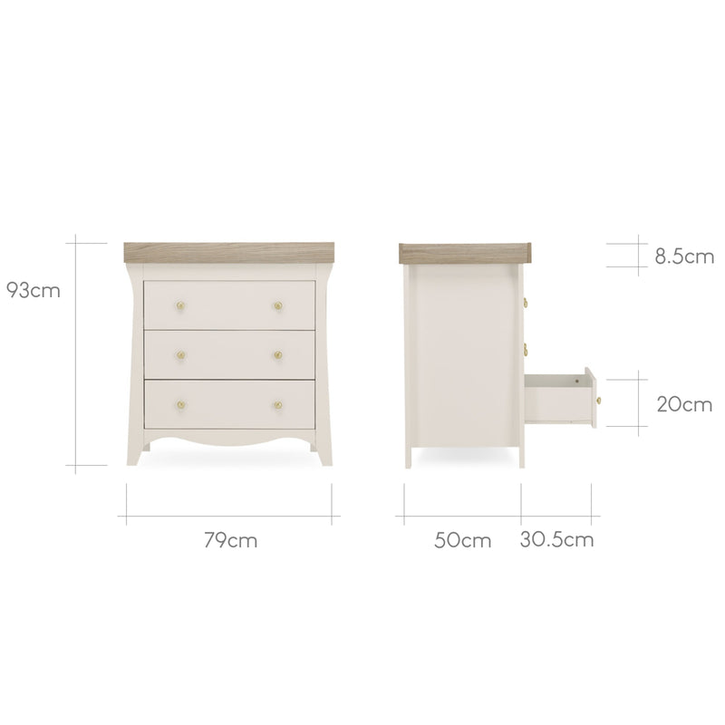 The dimensions of the Cashmere CuddleCo Clara 3 Drawer Dresser & Changer | Baby Bath & Changing Units | Baby Bath Time - Clair de Lune UK