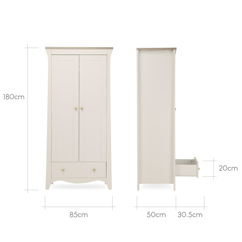 The dimensions of the Cashmere CuddleCo Clara 2 Door Double Wardrobe | Wardrobes & Shelves | Storage Solutions | Nursery Furniture - Clair de Lune UK