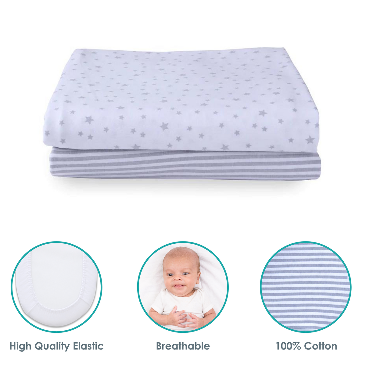 2 Pack Stars Stripes Universal Bedside Crib Fitted Sheets 90 x 50 cm Soft Baby Sheets Cot Cot Bed Pram Crib Moses Basket Bedding Clair de Lune UK