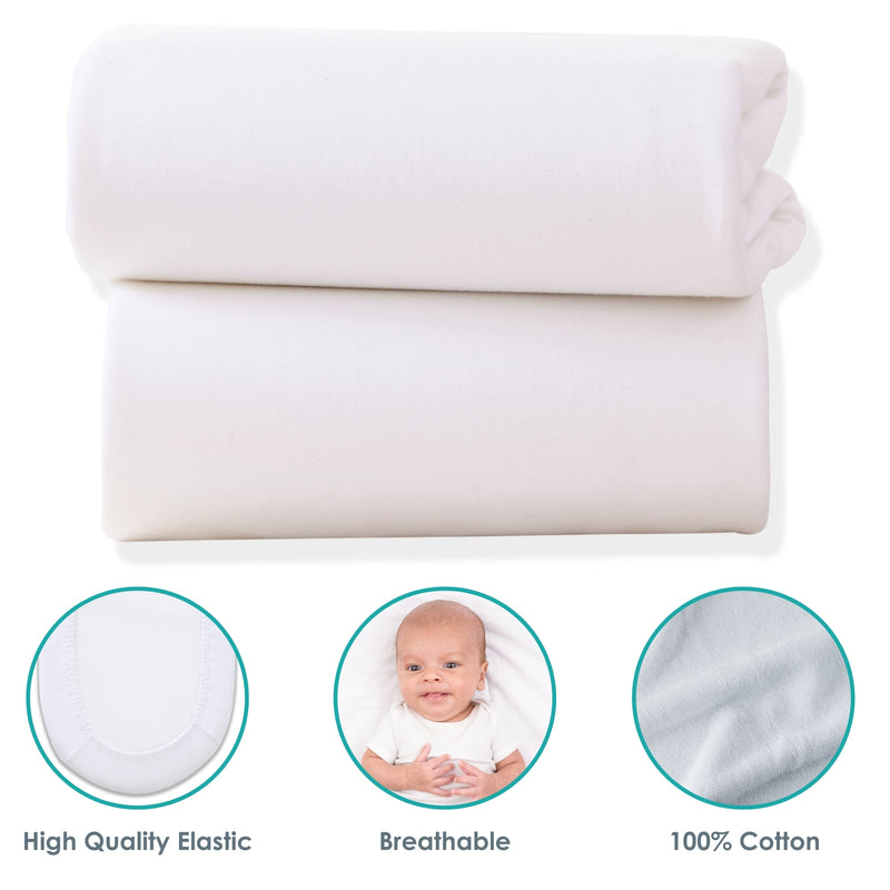 A Pack of 2 White Fitted Cotton Moses Fitted Sheets folded with USPs, breathable, high quality and cotton fabric - 74 x 30 cm | Soft Baby Sheets | Cot, Cot Bed, Pram, Crib & Moses Basket Bedding - Clair de Lune UK