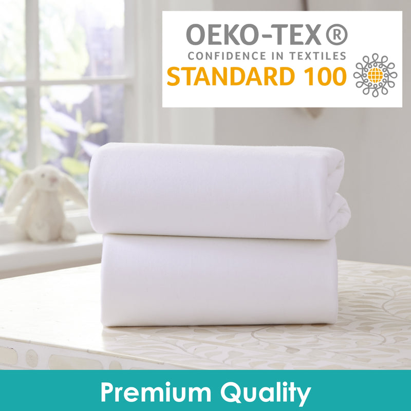 A Pack of 2 White Fitted Cotton Moses Fitted Sheets - 74 x 30 cm Oeko Tex certification for premium quality | Soft Baby Sheets | Cot, Cot Bed, Pram, Crib & Moses Basket Bedding - Clair de Lune UK