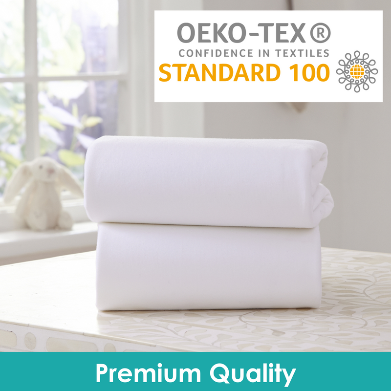 Cot Bed Sheets in White showing they're OEKO-TEX certified | Soft Baby Sheets | Cot & Cot Bed Bedding | Nursery Linen - Clair de Lune UK