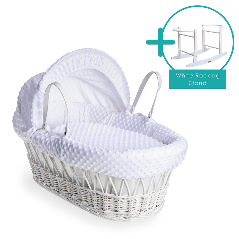 White Dimple White Wicker Moses Basket bundled with standard rocking stand | Moses Baby Baskets and Bassinets | Nursery Furniture - Clair de Lune UK