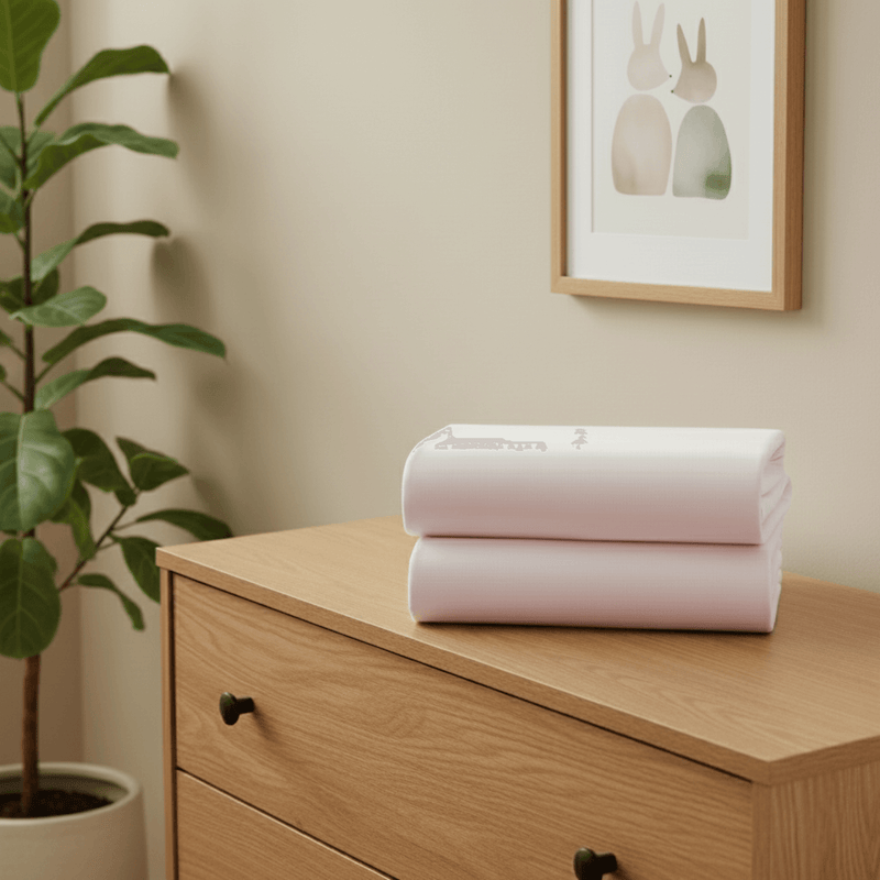 White 2 pack pram/crib fitted sheets folded on a chest of drawers in a beige nursery | Soft Baby Sheets | Crib Bedding - Clair de Lune UK