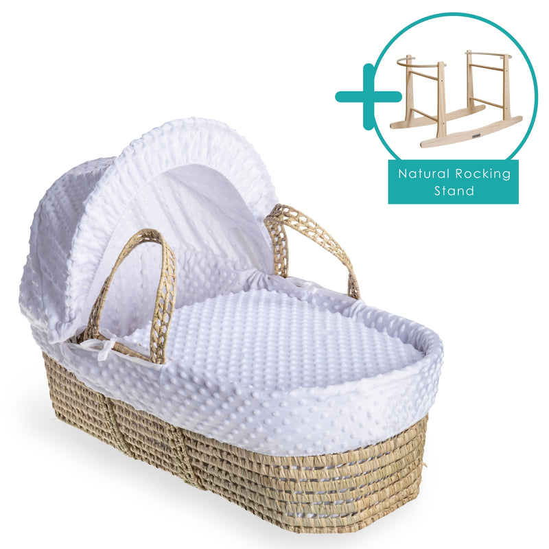 White Dimple Palm Moses Basket bundled with the natural rocking stand | Moses Baby Baskets, Bassinets & Co-sleepers | Nursery Furniture - Clair de Lune UK