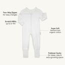 White Grow Grows Organic Ribbed Baby Sleepsuit on white background with key features labelled | Baby Sleep Wear | Children's pyjamas - Clair de Lune UK