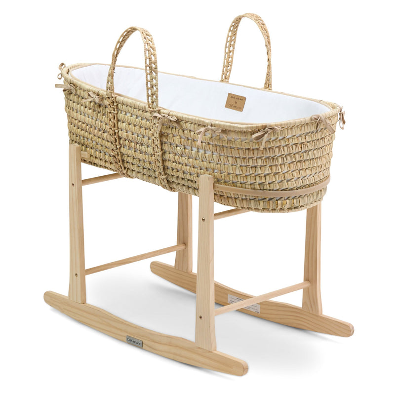 White Savannah Palm Moses Basket Bundle on the Natural Standard Rocking Stand | Moses Baskets and Stands | Co-sleepers | Nursery Furniture - Clair de Lune UK