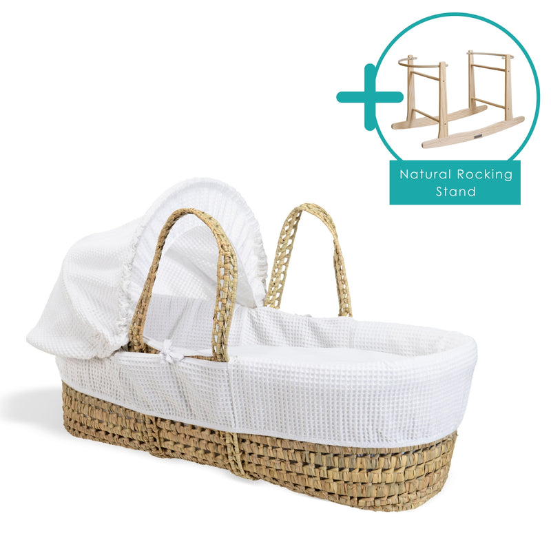 White Waffle Palm Moses Basket Bundled with the Natural Rocking Stand | Moses Baby Baskets, Bassinets | Nursery Furniture - Clair de Lune UK