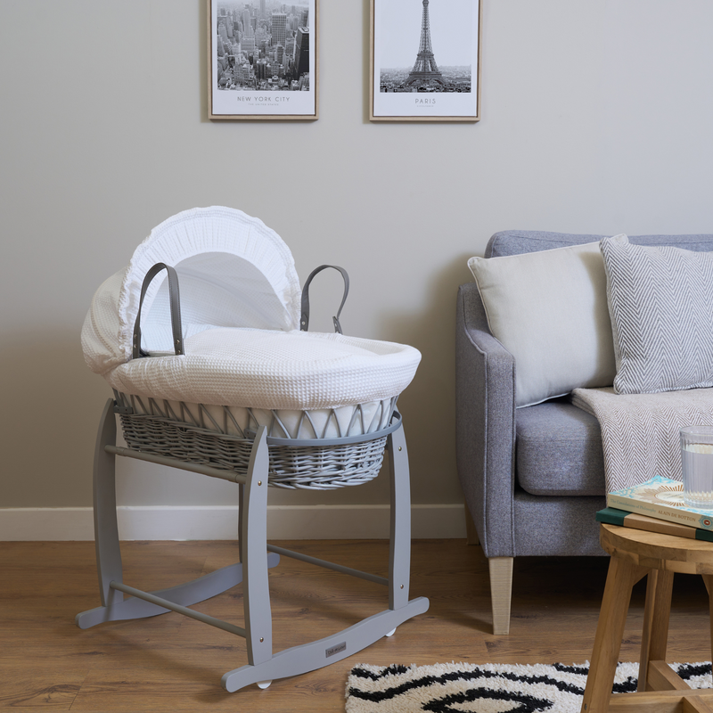 White Waffle Grey Wicker Moses Basket on a Grey Deluxe Rocking Stand | Moses Basket Stand | Moses Baby Baskets & Bassinet Accessories | Nursery Furniture - Clair de Lune UK