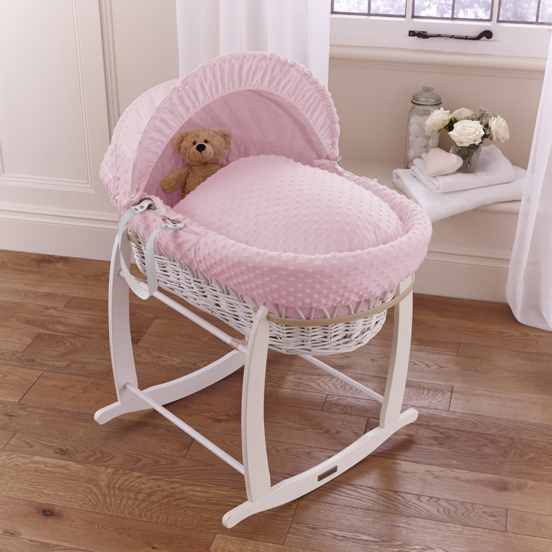 Pink Dimple White Wicker Moses Basket on the White Deluxe Rocking Stand | Moses Baskets | Co-sleepers | Nursery Furniture - Clair de Lune UK