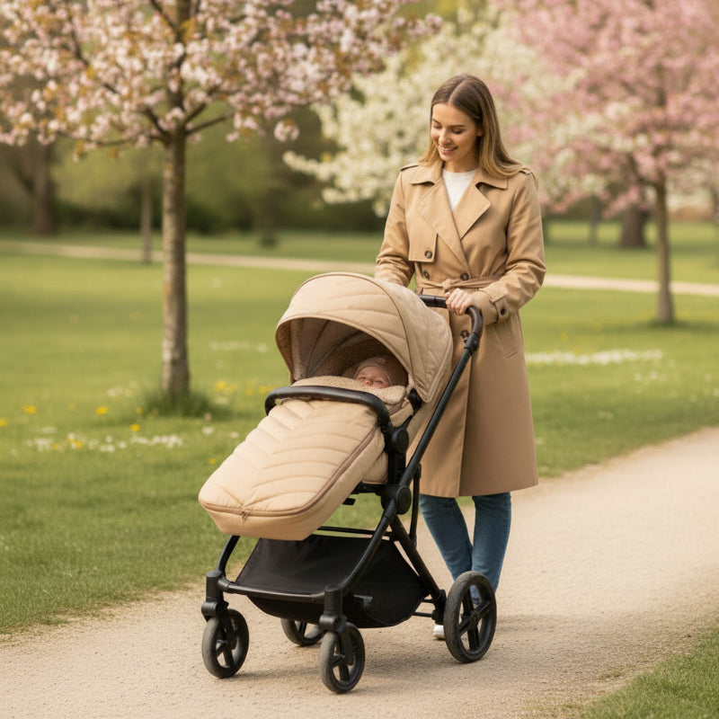 Baby in the Snug Footmuff out for a spring walk with his mum | Spring Essentials | Footmuffs and Cosy Toes - Clair de Lune UK
