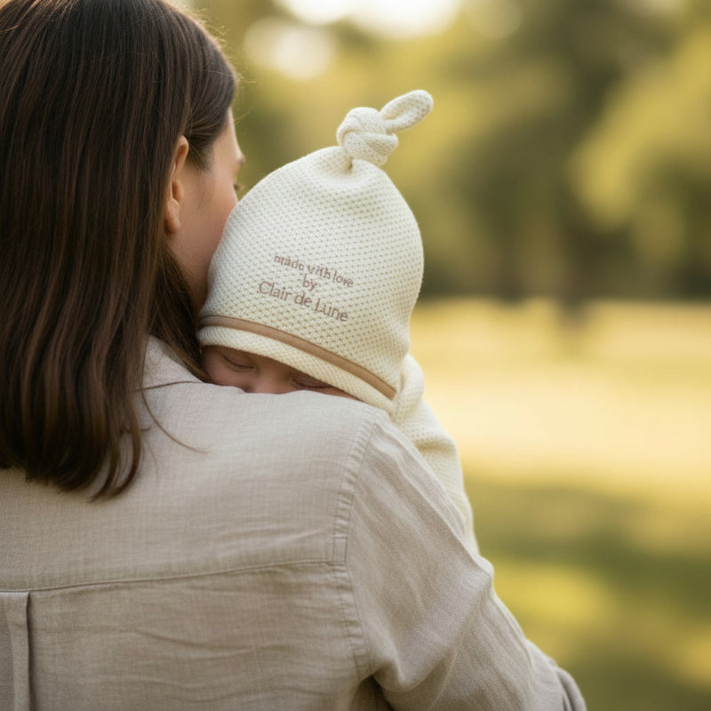 Mum holding her baby in the Sunny Days Organic Star Mesh Wrap Blanket in a park on a spring day | Spring Baby Essentials | Baby Accessories - Clair de Lune UK