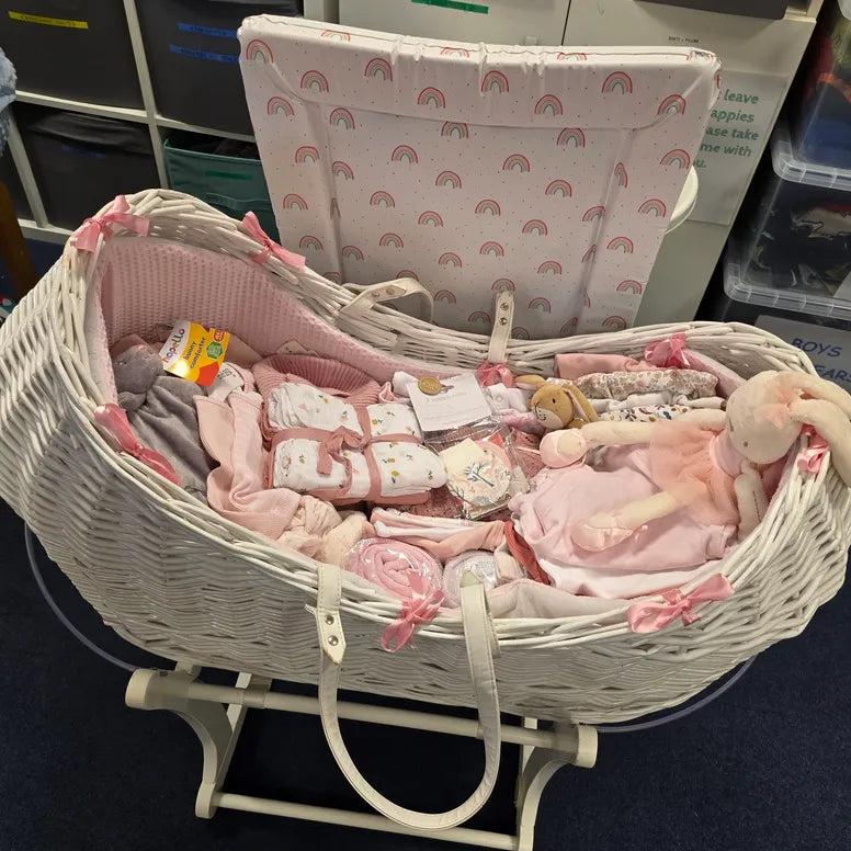 Baby Necessities donations for a newborn baby girl in pink and white | Charity Partnerships - Clair de Lune UK