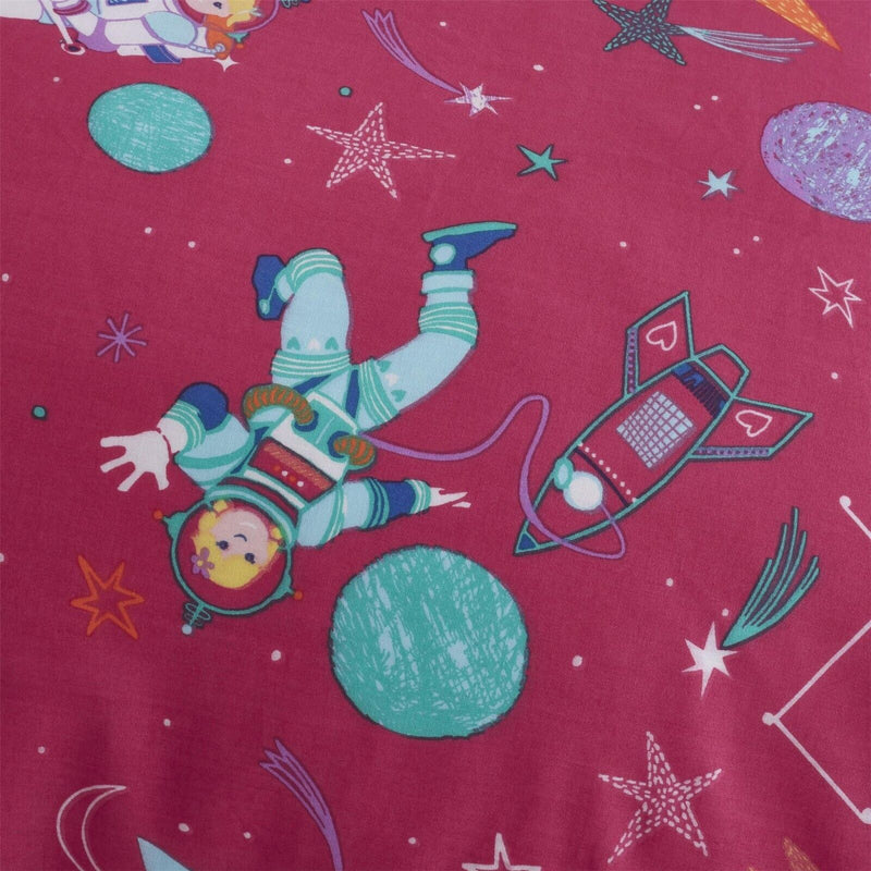 The astronaut print on the pink fabric of the Bedlam Supersonic Girls Glow in the Dark Pencil Pleat Curtains - 66" Width x 72" Drop | Curtains | Nursery Decorations | Nursery Furniture - Clair de Lune UK