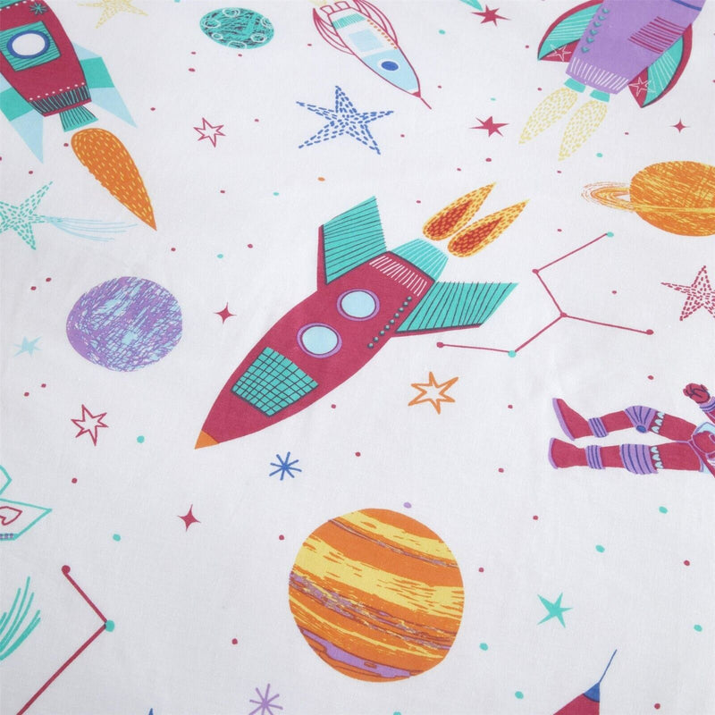  The rocket print on the white fabric of the Bedlam Supersonic Girls Glow in the Dark Pencil Pleat Curtains - 66" Width x 72" Drop | Curtains | Nursery Decorations | Nursery Furniture - Clair de Lune UK