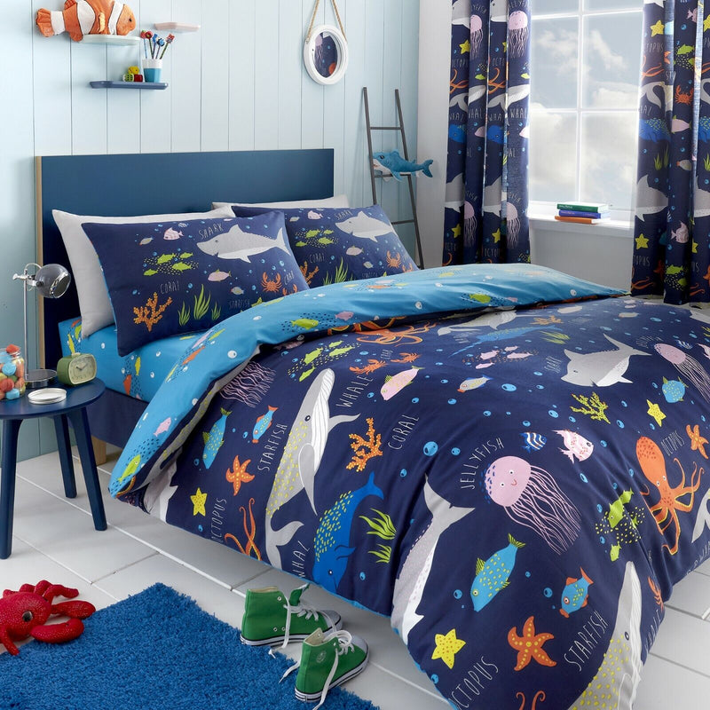  Bedlam Sea Life Glow in the Dark Pencil Pleat Curtains - 66" Width x 72" Drop with the matching duvet cover and pillowcase set | Curtains | Nursery Decorations | Nursery Furniture - Clair de Lune UK
