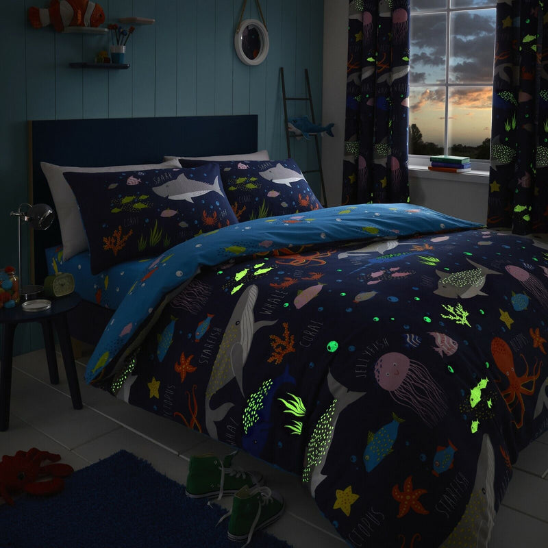  Bedlam Sea Life Glow in the Dark Pencil Pleat Curtains - 66" Width x 72" Drop at night | Curtains | Nursery Decorations | Nursery Furniture - Clair de Lune UK