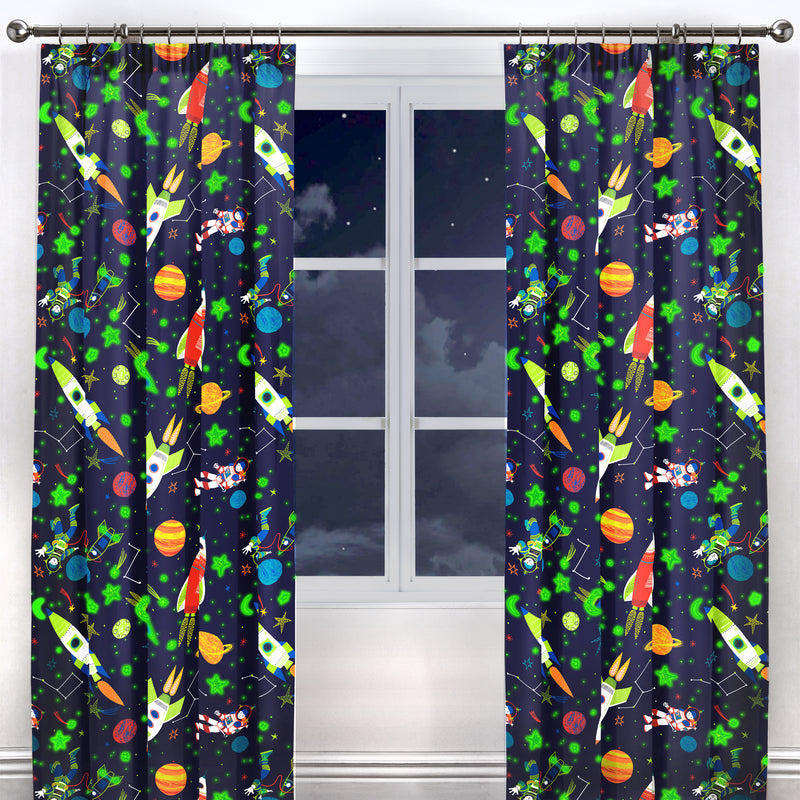 Bedlam Supersonic Glow in the Dark Pencil Pleat Curtains - 66" Width x 72" Drop | Curtains | Nursery Decorations | Nursery Furniture - Clair de Lune UK