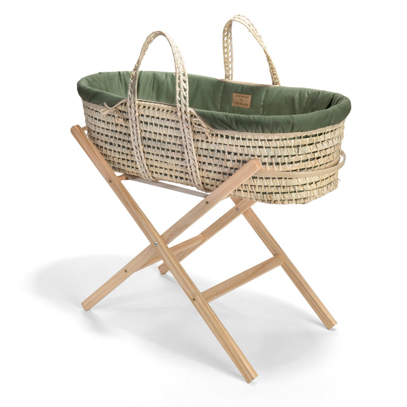 Organic Palm Moses Basket in Forest Green on the Natural Folding Stand | Moses Baskets and Stands | Co-sleepers | Nursery Furniture - Clair de Lune UK