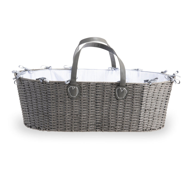 Clair de Lune Grey Sustainable Paper Moses Basket with two leather handles for mobility, white cosy dressing and firm fibre mattress with removable cover in the white background horizontally 