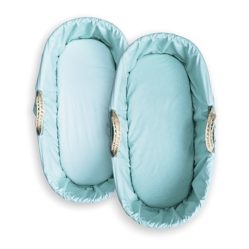 2 Pack Fitted Cotton Colour Pop Moses Basket Sheets in Ocean Wave on the Moses mattresses demonstrating one side with the dot pattern and one plain side | Soft Baby Sheets | Cot, Cot Bed, Pram, Crib & Moses Basket Bedding - Clair de Lune UK
