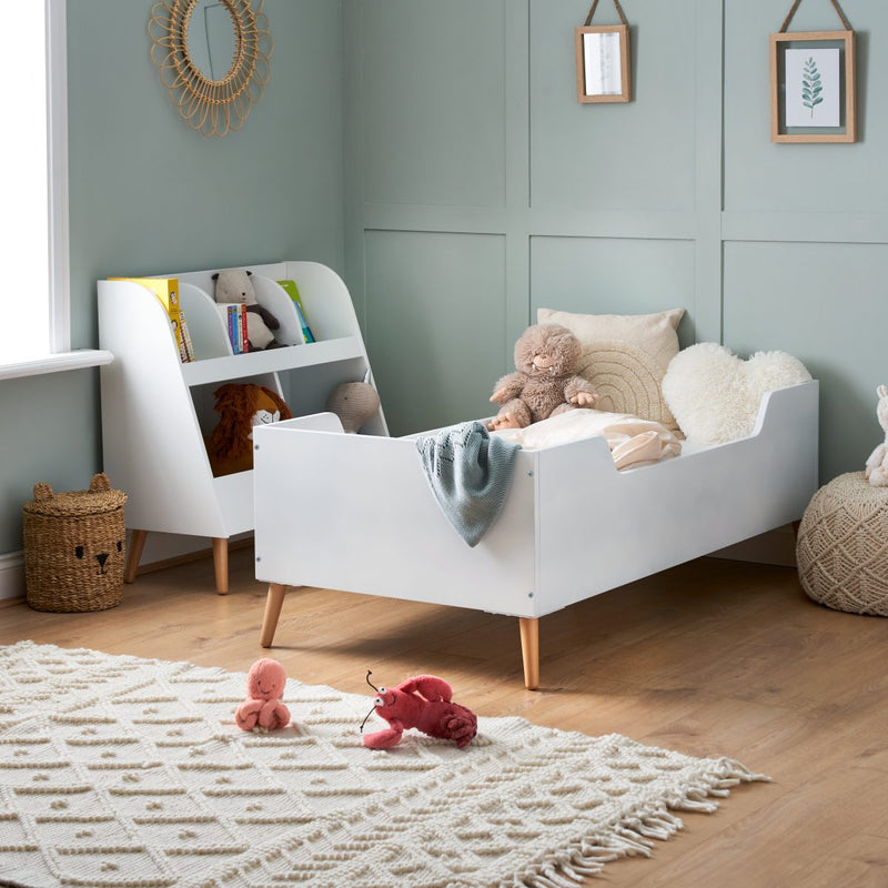 Obaby Maya Single Bed with the Maya bookcase in a pastel green nursery room | Cots, Cot Beds, Toddler & Kid Beds | Nursery Furniture - Clair de Lune UK