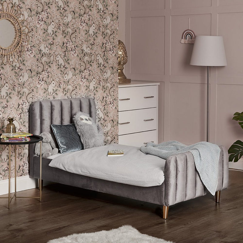 Grey Obaby Gatsby Velvet Single Bed in a pastel pink nursery room | Cots, Cot Beds, Toddler & Kid Beds | Nursery Furniture - Clair de Lune UK