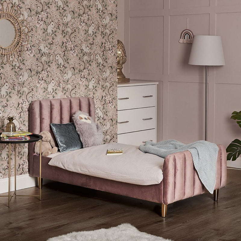 Blush Pink Obaby Gatsby Velvet Toddler Bed in a pastel pink nursery room | Cots, Cot Beds, Toddler & Kid Beds | Nursery Furniture - Clair de Lune UK