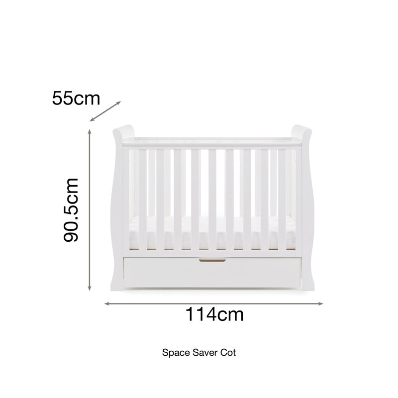 The dimensions of the white Obaby Stamford Space Saver Cot | Cots, Cot Beds, Toddler & Kid Beds | Nursery Furniture - Clair de Lune UK