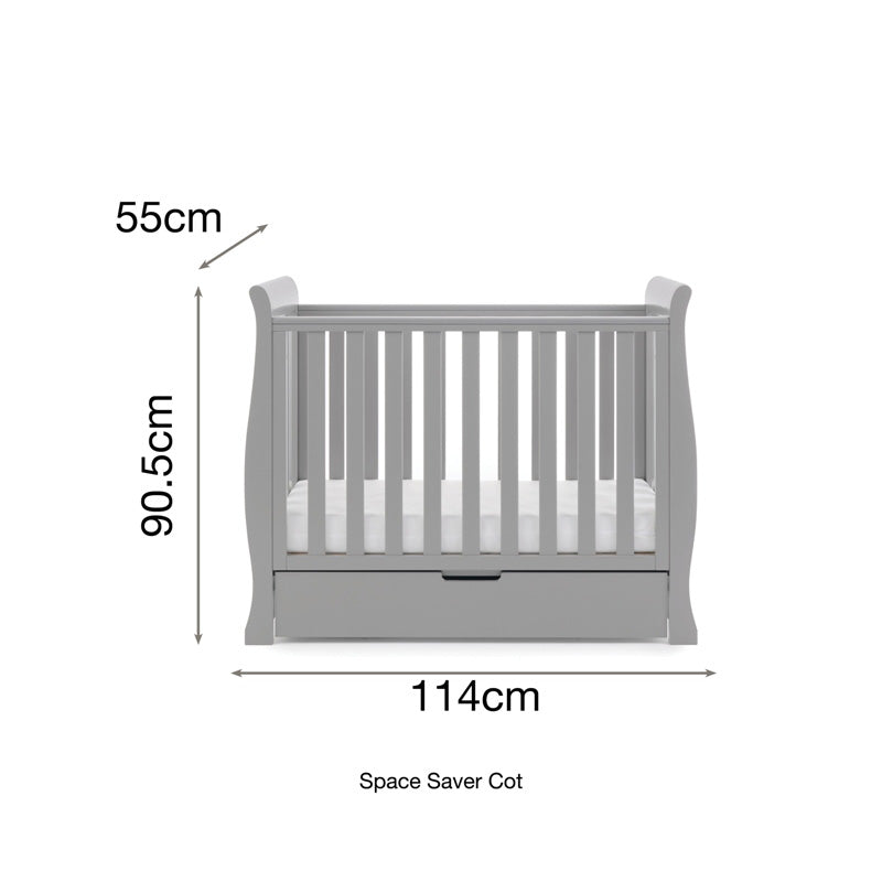 The dimensions of the warm grey Obaby Stamford Space Saver Cot | Cots, Cot Beds, Toddler & Kid Beds | Nursery Furniture - Clair de Lune UK