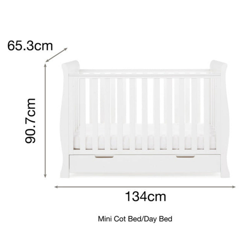 The dimensions of the white Obaby Stamford Mini Sleigh Cot Bed | Cots, Cot Beds, Toddler & Kid Beds | Nursery Furniture - Clair de Lune UK