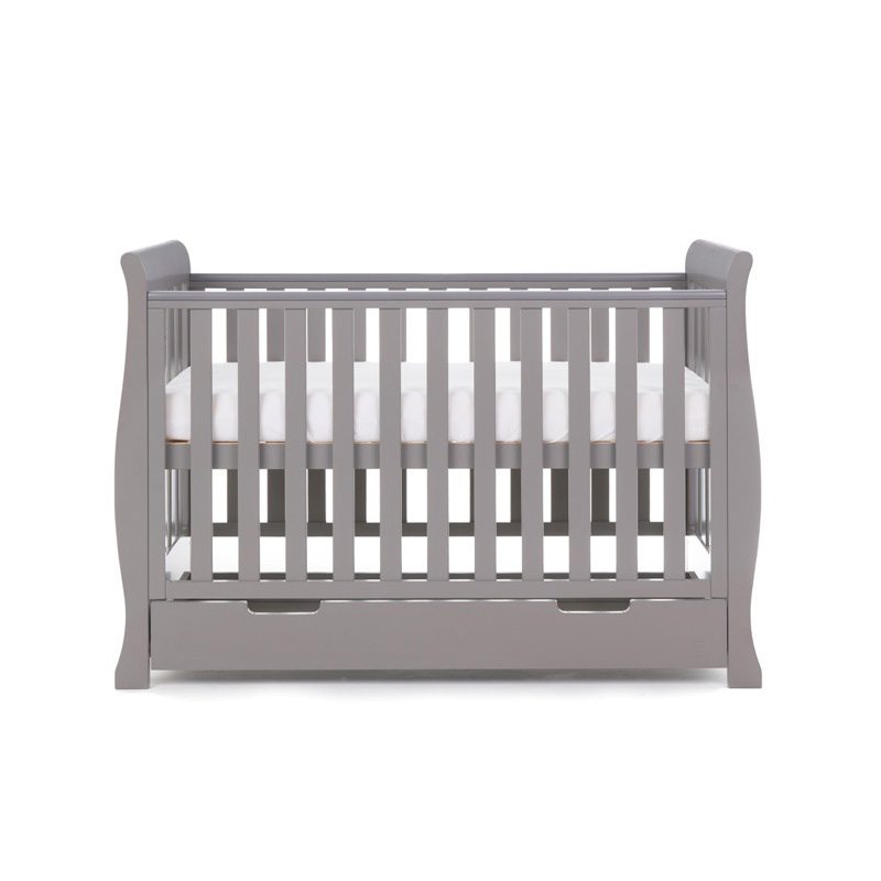 The taupe grey Obaby Stamford Mini Sleigh Cot Bed as a crib | Cots, Cot Beds, Toddler & Kid Beds | Nursery Furniture - Clair de Lune UK