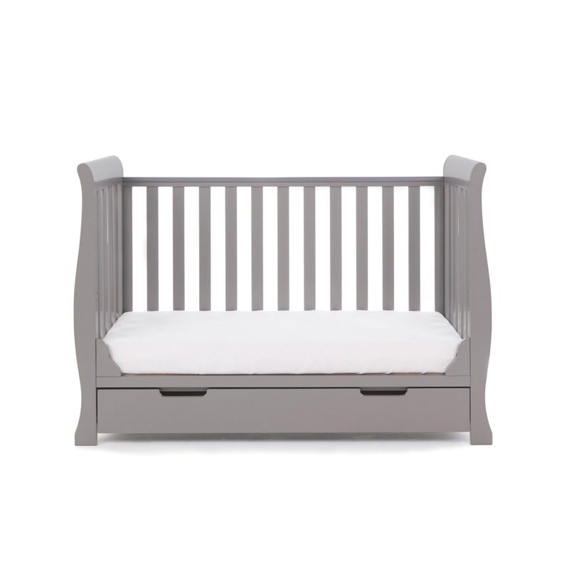The taupe grey Obaby Stamford Mini Sleigh Cot Bed without a side wall | Cots, Cot Beds, Toddler & Kid Beds | Nursery Furniture - Clair de Lune UK