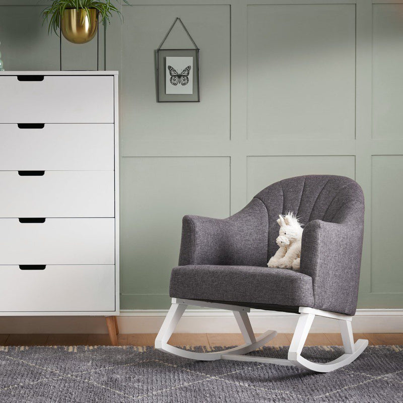 Dark Grey Obaby Award-winning Round Back Rocking Chair next to the Maya dresser | Nursing & Feeding Chairs | Nursery Furniture - Clair de Lune UK