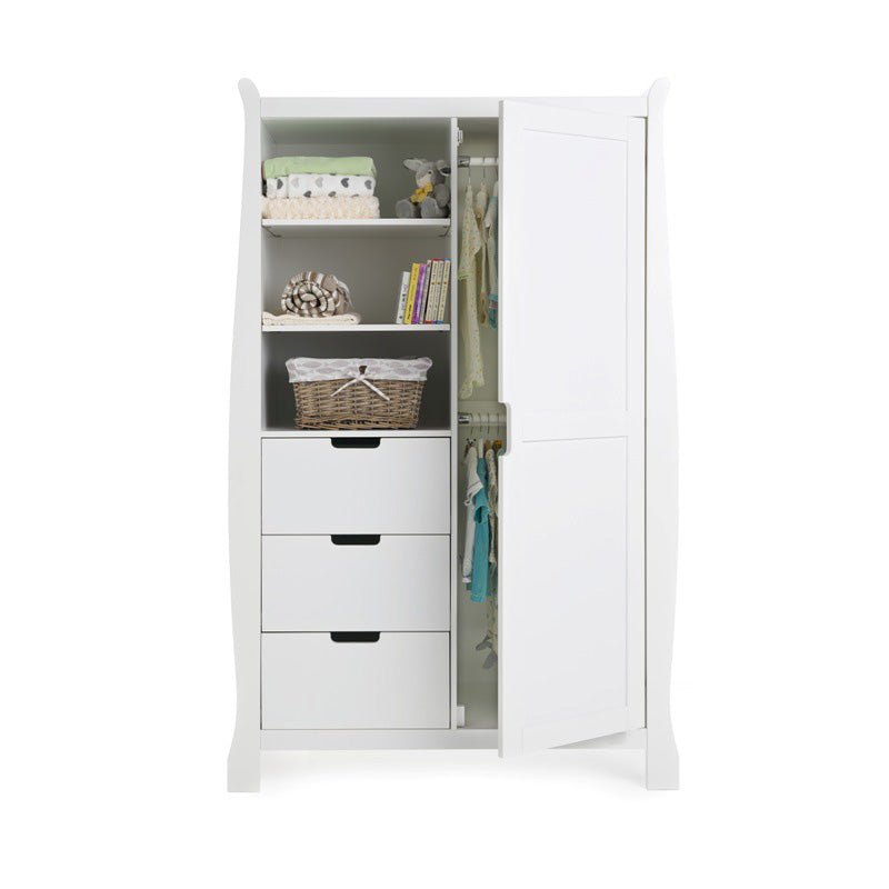 The open double wardrobe of the White Obaby Stamford Mini 3 Piece Room Set | Nursery Furniture Sets | Room Sets | Nursery Furniture - Clair de Lune UK