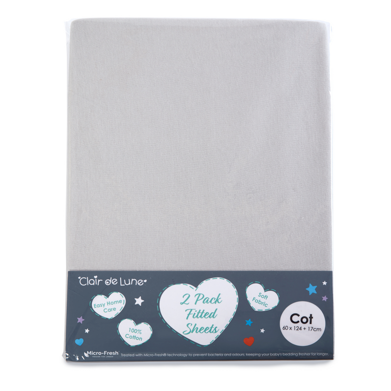 Micro-Fresh® 2 Pack Grey Fitted Cot Sheets - 124.5 x 60.5 cm in the packaging bag | Soft Baby Sheets | Cot, Cot Bed, Pram, Crib & Moses Basket Bedding - Clair de Lune UK