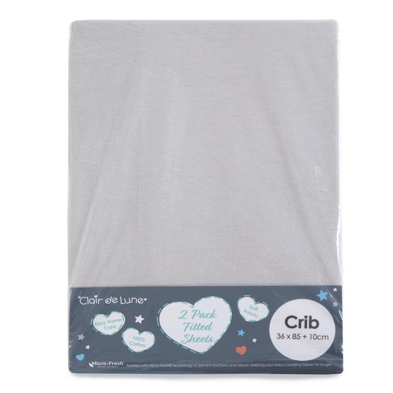Micro-Fresh® 2 Pack Grey Fitted Crib Sheets - 85.5 x 36 cm in the packaging bag | Soft Baby Sheets | Cot, Cot Bed, Pram, Crib & Moses Basket Bedding - Clair de Lune UK 