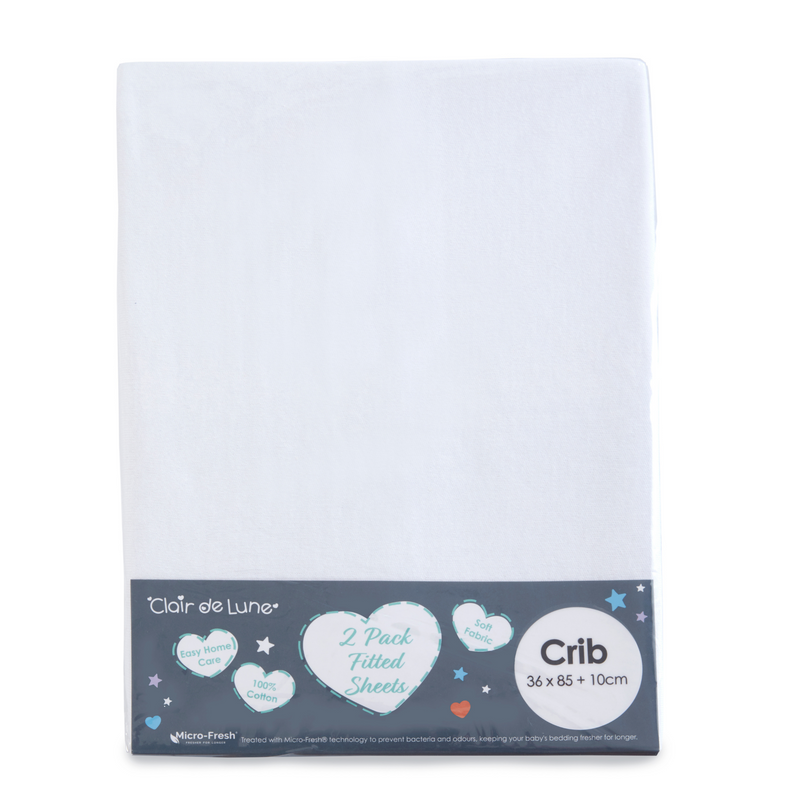 Micro-Fresh® 2 Pack White Fitted Crib Sheets - 85.5 x 36 cm in the packaging bag | Soft Baby Sheets | Cot, Cot Bed, Pram, Crib & Moses Basket Bedding - Clair de Lune UK