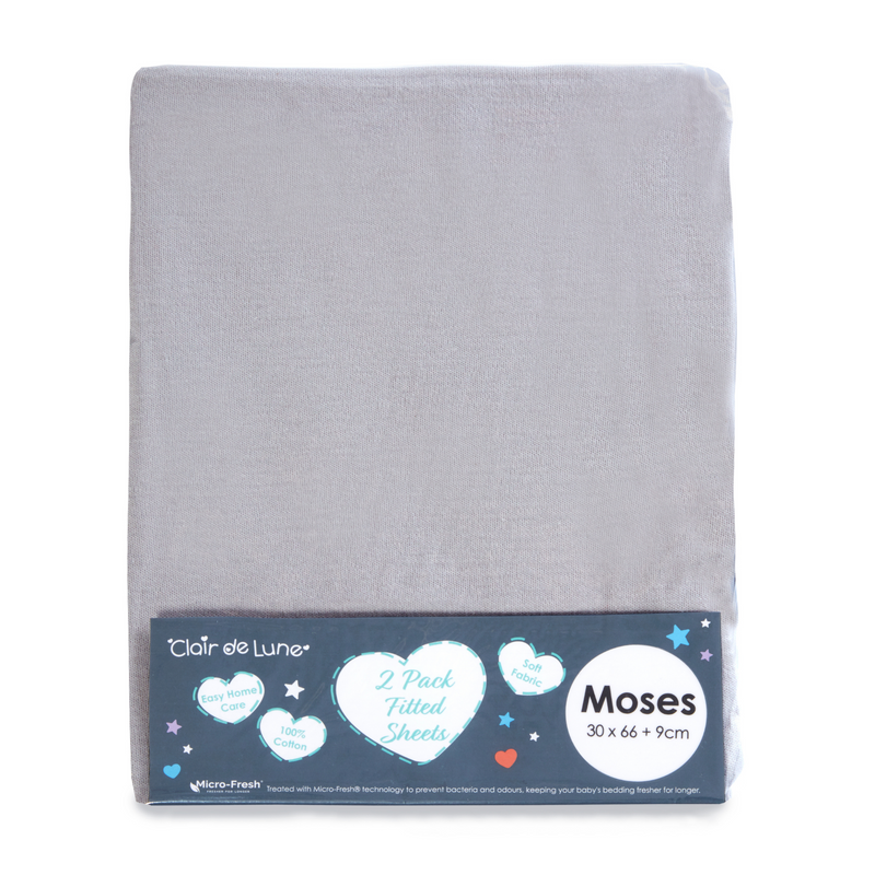Micro-Fresh® 2 Pack Grey Fitted Moses Basket Sheets - 66 x 30 cm in the packaging bag | Soft Baby Sheets | Cot, Cot Bed, Pram, Crib & Moses Basket Bedding - Clair de Lune UK