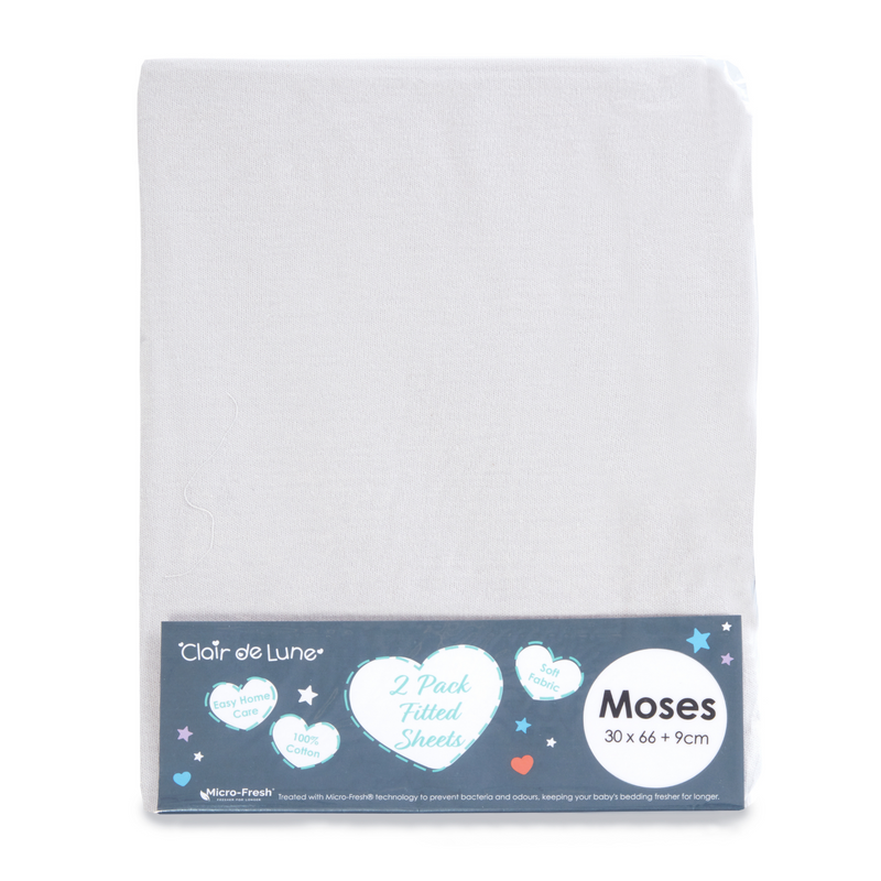 Micro-Fresh® 2 Pack White Fitted Moses Basket Sheets - 66 x 30 cm in the packaging bag | Soft Baby Sheets | Cot, Cot Bed, Pram, Crib & Moses Basket Bedding - Clair de Lune UK