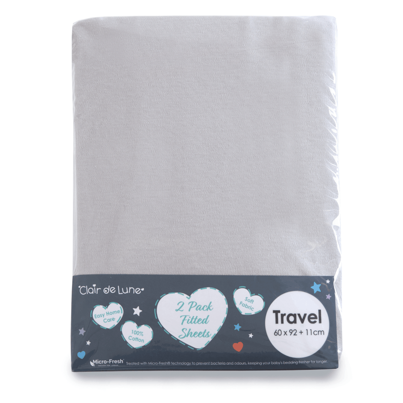 Micro-Fresh® 2 Pack Grey Fitted Travel Cot Sheets - 92 x 60.5 cm in the packaging bag | Soft Baby Sheets | Cot, Cot Bed, Pram, Crib & Moses Basket Bedding - Clair de Lune UK